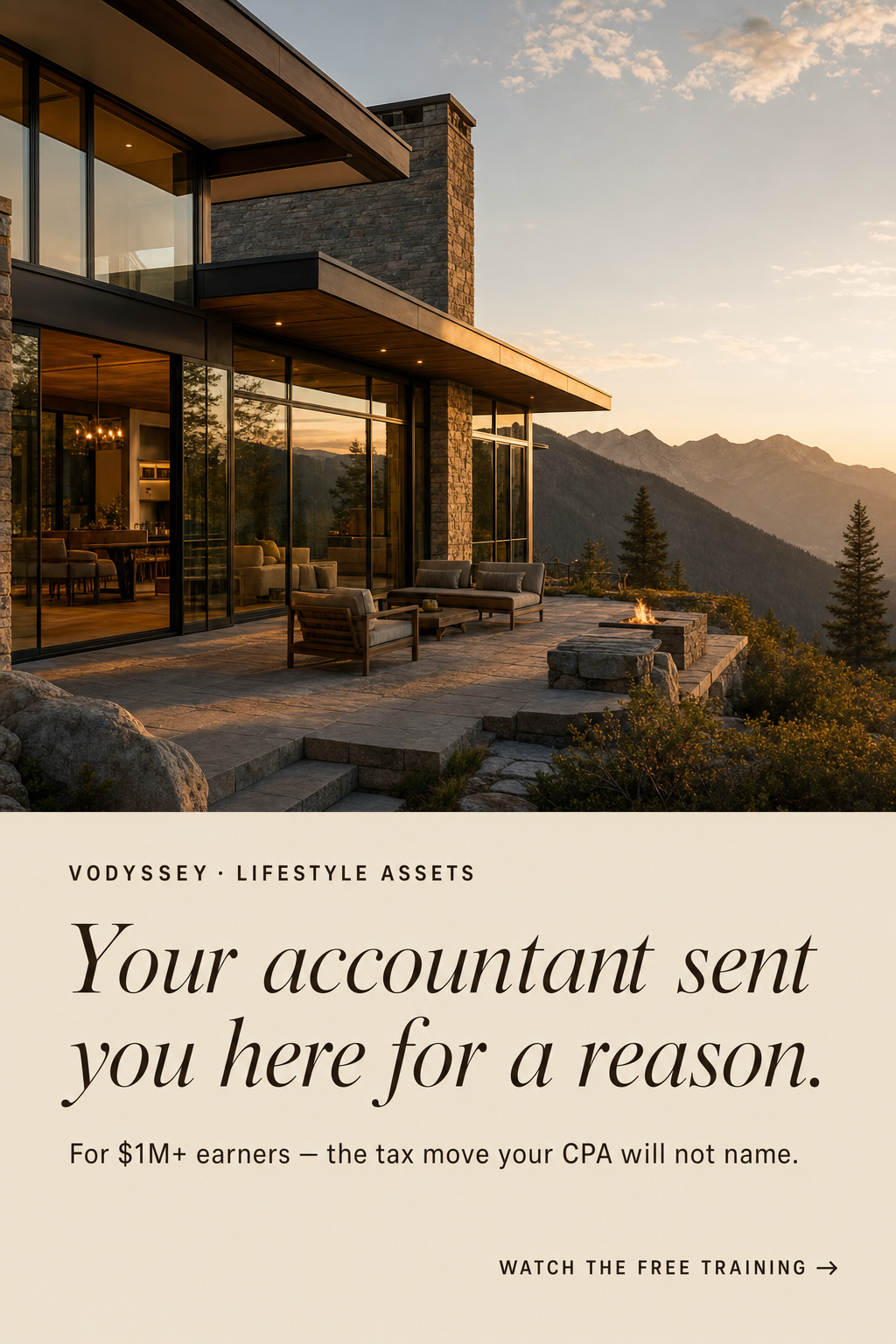 Vodyssey 500k door — mountain cabin at golden hour