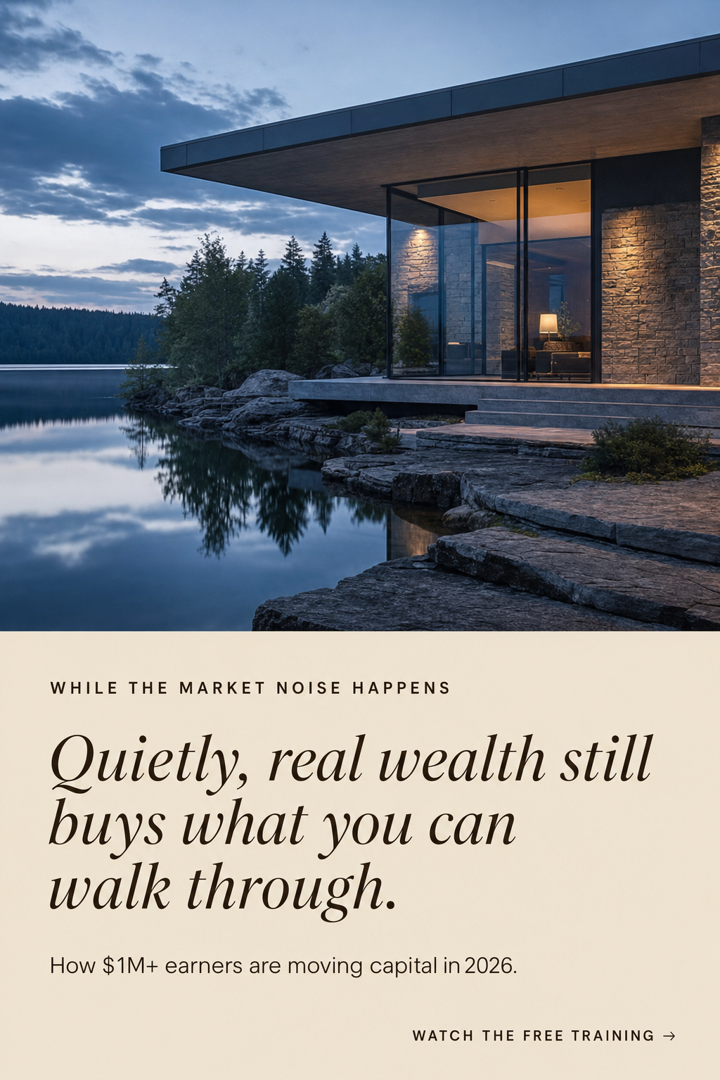 Vodyssey Quietly door — lakeside modernist estate at blue hour
